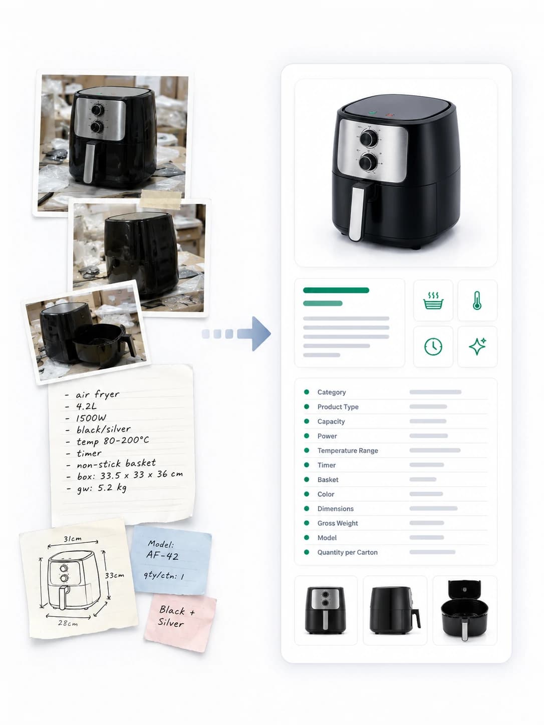 Supplier air fryer photos and specification notes organized into a structured product catalog entry