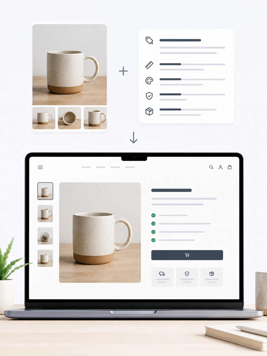 Multiple ceramic mug photos and product details combined into an ecommerce product page