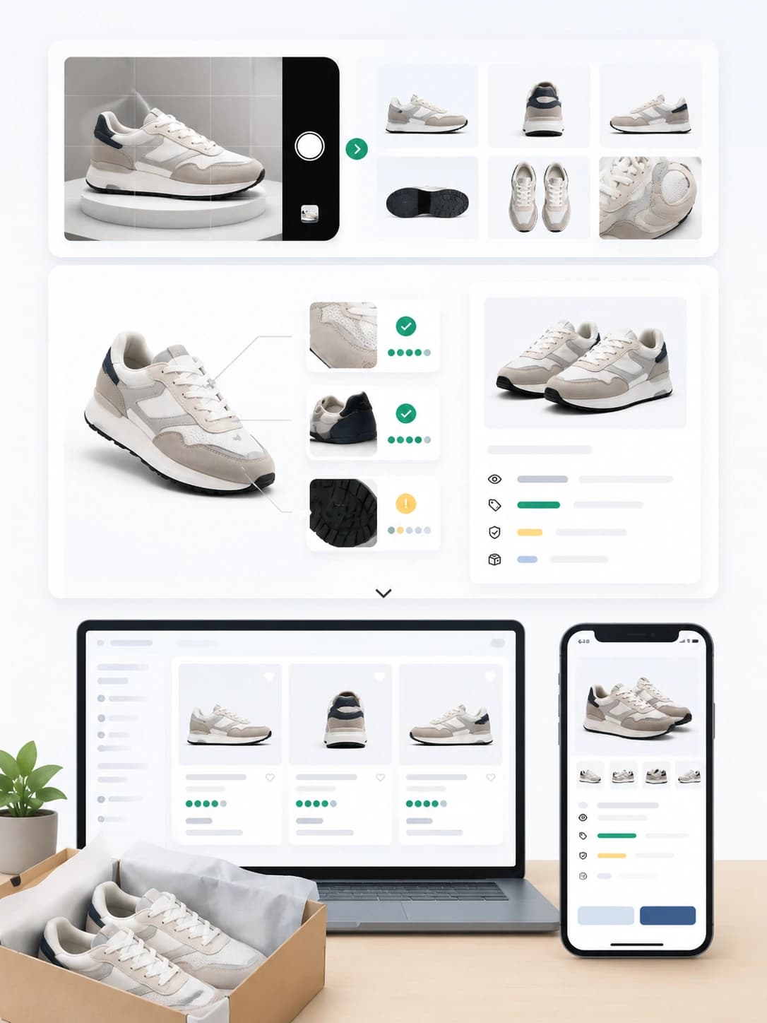 Sneaker photos analyzed from multiple angles for marketplace listings on desktop and mobile