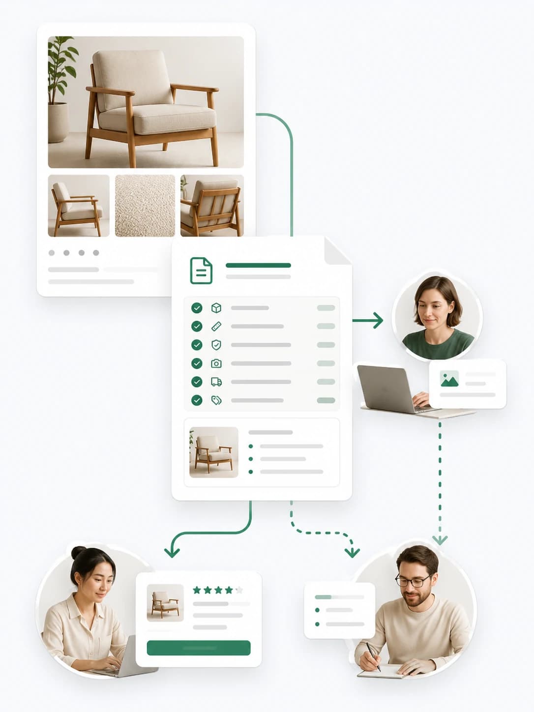 Chair photos and structured product details handed off to multiple catalog and content contributors