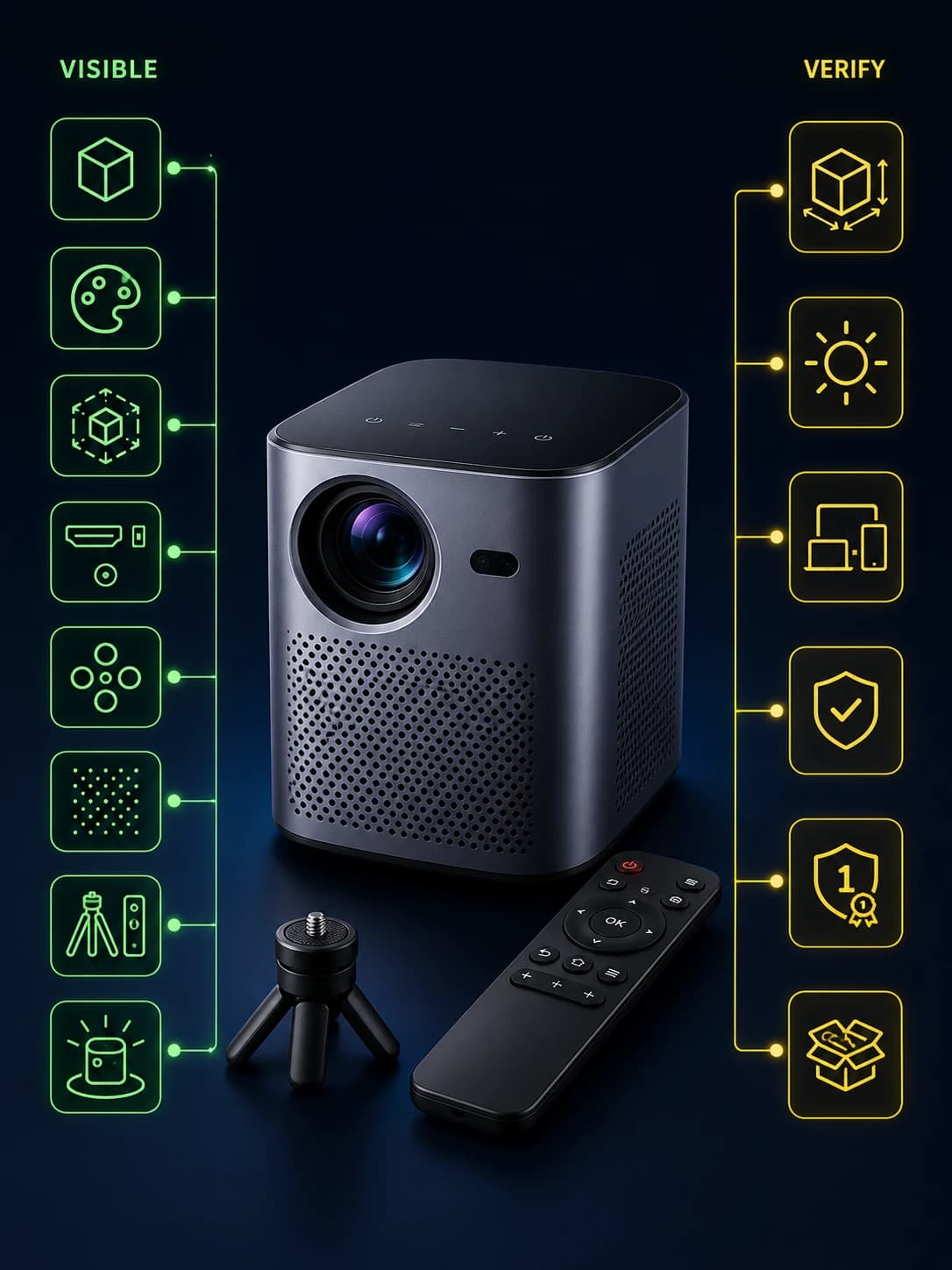 Projector infographic separating visible product details from specifications that require seller verification