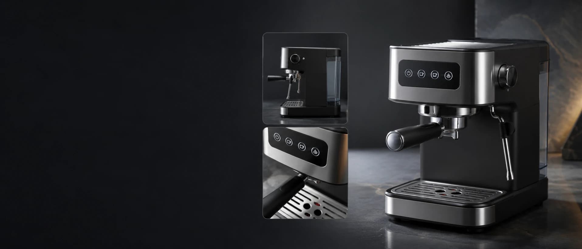 Black espresso machine shown with multiple product detail views