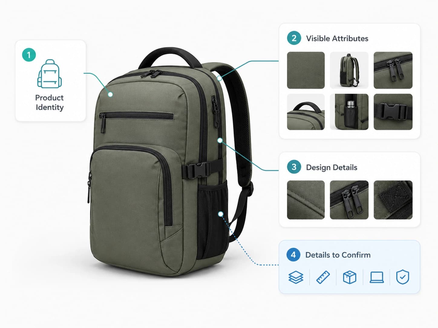 Annotated olive green backpack showing product identity, visible attributes, design details, and details to confirm
