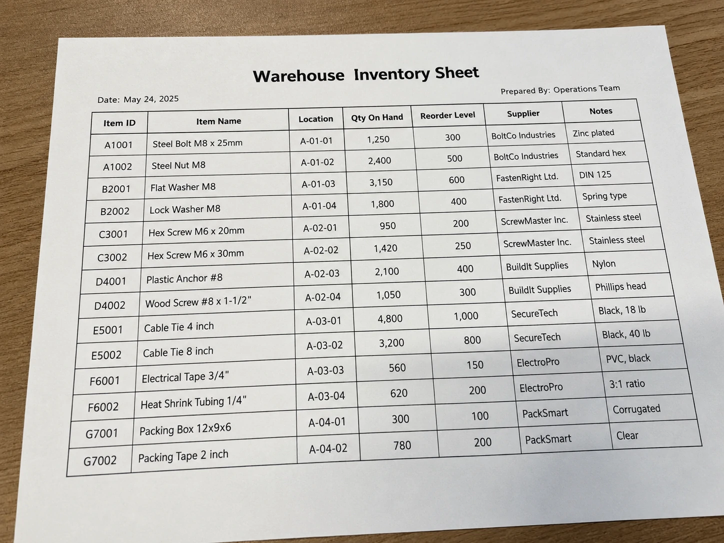 Inventory Sheet Photo